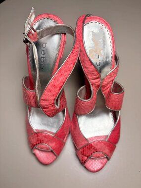 Y2K Bebe Pink Snakeskin Embossed Platform Heels Silver Trim Peep Toe Sandals